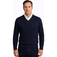 BURSPA Kışlık V Yaka Ince Yün Lacivert Baba Kazak