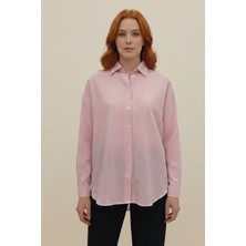 Kadın Oversize Pembe Çizgili Uzun Kollu Gömlek