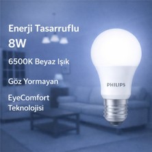 Philips 8 W LED Ampul Beyaz Işık 6500K Enerji Tasarruflu E27