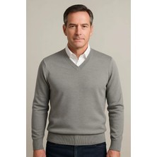 BURSPA Kışlık V Yaka Ince Yün Açık Gri Baba Kazak