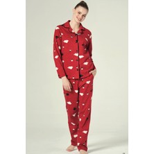 Pijapia Kırmızı Cotton Düğmeli Yaka Bulut Desenli Kadın Pijama Takımı