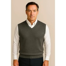 BURSPA Kışlık V Yaka Düz Ince Yün Füme Baba Süveter