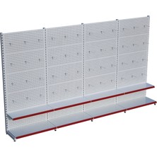 Raffar Beyaz Renk 2 Katlı Kancalı Hırdavat Raf Sistemi | Market Rafı | Yükseklik H220 CM| - Kırmızı-300 CM