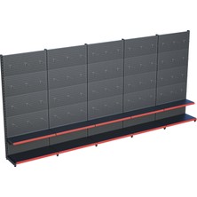 Raffar Antrasit Renk 2 Katlı Kancalı Hırdavat Raf Sistemi | Market Rafı | Yükseklik H220 CM| - Kırmızı-375 CM