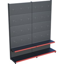 Raffar Antrasit Renk 2 Katlı Kancalı Hırdavat Raf Sistemi | Market Rafı | Yükseklik H220 CM| - Kırmızı-150 CM