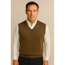 BURSPA Kışlık V Yaka Düz Ince Yün Kahverengi Baba Süveter