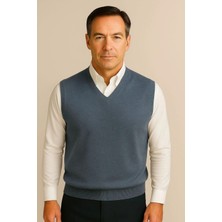 BURSPA Kışlık V Yaka Düz Ince Yün Mavi Baba Süveter