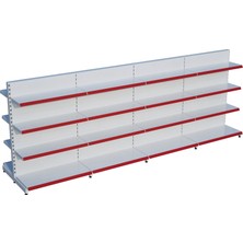 Raffar Beyaz Renk 4 Katlı Çiftli Orta Reyon | Market Rafı | Yükseklik H140 CM| - Kırmızı-300 CM