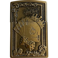 Antik Sarı Renkli Zar Iskambil Kabartmalı Metal Gazlı Çakmak