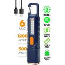 Alastor Şarjlı El Feneri 6 Mod Karabina Askılı Çakarlı Cob LED Kamp Lambası Acil Durum Işığı Mavi 7170