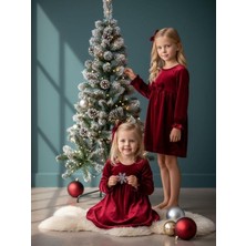 Zekids Kız Çocuk Kadife Fiyonk Detaylı Uzun Kollu Bordo Elbise