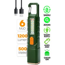 Alastor Şarjlı El Feneri 6 Mod Karabina Askılı Çakarlı Cob LED Kamp Lambası Acil Durum Işığı Yeşil 7170