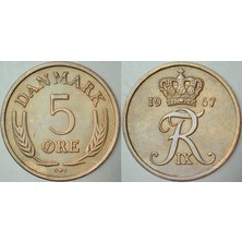 Banknoting Danimarka 5 Öre 1963 Bakır. Kral 9. Frederik Dönemi.