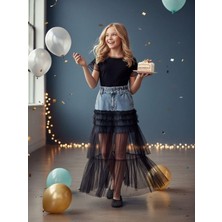 Zekids Kız Çocuk Uzun Tül Detaylı Denim Tasarım Şort Etek