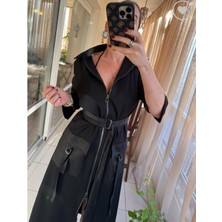 Mare Butik Fermuarlı Kemerli Uzun Siyah Elbise L