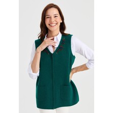 Mare Butik Nakış Detaylı Fermuarlı Triko Yelek L - Yeşil