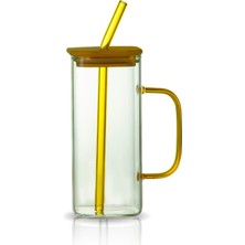 Çeyizde Bambu Kapaklı 400 ml Borisilikat Sızdırmaz Cam Kupa - Hediyelik Cam Kupa Yılbaşı Ögretmenler Günü Hediyesi Cam Bardak