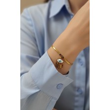 Hg.Aksesuar Kadın Sedef Taşlı Göz Detaylı Sallantılı Çelik Bileklik