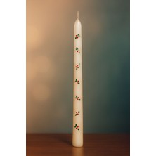 Mumanor Candle El Boyaması Ökseotu Desenli Uzun Beyaz Şamdan Mumu | Yılbaşı & Kış Dekorasyonu