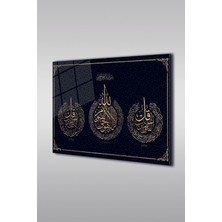 Marsilyan Ayet-El Kursi, Felak ve Nas Sureleri Kaligrafi 3 Islamı Yatay Cam Tablo