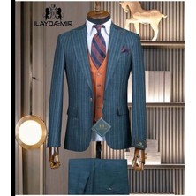 İlayda Emir Petrol Yeşili, Ince Çizgili, Blazer, Kırlangıç Yaka, Tek Düğmeli, Erkek Takım Elbise,yelekli, Slim Fit