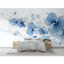 Lotus Aura Mavi Akvarel Çiçek Duvar Kağıdı , Sulu Boya Çiçekli Poster Duvar Kağıdı, Modern Salon Duvar Resmi