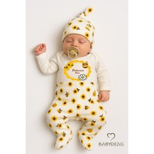 Babyden's Babasının Balı Yazılı 3lü Yenidoğan Takımı Arı Desenli Patikli Alt,bere,çıtçıtlı Uzun Kollu Body
