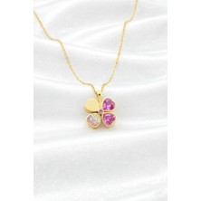 Çekirdek Jewelry 925 Ayar Gümüş Pembe Taşlı Taşlı Yonca Kolye