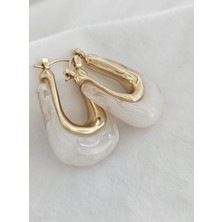 Mith Sb Takı Paslanmaz Çelik Altın Kaplama Vıntage Reçine Mermer Görünümlü Beyaz 'U' Küpe