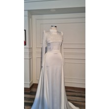 Makbule Official Beyaz Saten Kumaştan  Tesettür Abiye Söznişan Nikah Elbisesi