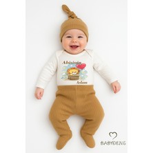 Babyden's Abisinin Aslanı Yazılı 3’lü Bebek Takımı Uzun Kollu Çıtçıtlı Body,fitilli Patikli Pantolon Şapka Set