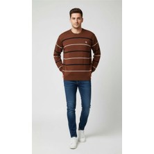 Velmora Fashion Erkek Bisiklet Yaka Cizgili Triko Kazak Yumuşak Dokulu Pamuklu Ince Dokuma, Uzun Kollu Rahat Regular Kalıp - Kahverengi