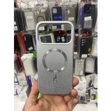 Elixem İphone 17 Pro Uyumlu Gümüş Olio İçi Kadife Soft Deri Görünümlü Sert Magsafe Kılıf