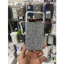 Elixem İphone 17 Pro Uyumlu Gümüş İçi Kadife Sert Safir Silikon Magsafe Cindy Taşlı Kılıf