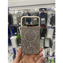 Elixem İphone 17 Pro Uyumlu Gold İçi Kadife Sert Safir Silikon Magsafe Cindy Taşlı Kılıf