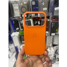 Elixem İphone 17 Pro Uyumlu Turuncu İçi Kadife Logolu Deri Gizli Magsafe Sert Kılıf