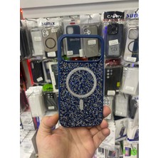 Elixem İphone 17 Pro Uyumlu Lacivert İçi Kadife Sert Safir Silikon Magsafe Cindy Taşlı Kılıf