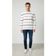 Erkek Bisiklet Yaka Cizgili Triko Kazak Yumuşak Dokulu Pamuklu Ince Dokuma, Uzun Kollu Rahat Regular Kalıp - Beyaz