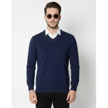 Erkek V Yaka Triko Kazak Yumuşak Dokulu Pamuklu Ince Dokuma, Uzun Kollu Rahat Regular Kalıp - Lacivert