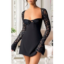 Dorya Özel Tasarım Dantel Işlemeli Şık Uzun Bolerolu Siyah Fantezi Mini Club Elbisesi