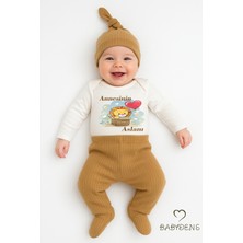 Babyden's Annesinin Aslanı Baskılı 3’lü Bebek Takımı Uzun Kol Çıtçıtlı Zıbın, Ribana Pantolon,bere %100 Pamuk