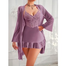 Dorya Özel Tasarım Dantel Işlemeli Fırfırlı Sabahlıklı 2'li Mor Gecelik Takımı