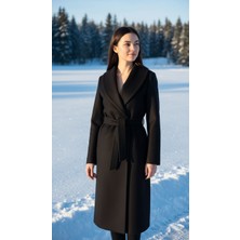 Moda Banuş Kadın Kuşaklı Cepli Yırtmaçlı Kaşe Kaban Pardesü