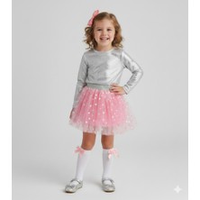 Dudese Kız Çocuk Gümüş Parıltılı Bluz ve Kalp Desenli Pembe Tütü Etek Takımı