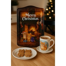 Atagift Hediyelik Merry Christmas Kedi Desenli Metal  Küçük Boy 25 x 16 cm Tepsi – Şömine Temalı Yılbaşı Sunum Tepsisi