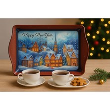 Atagift Hediyelik Happy New Year Kış Kasabası Desenli Küçük Boy 25 X16 cm  Metal Tepsi – Yılbaşı Kahve & Ikram Sunum Tepsisi