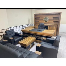 Trendyofix Vıp Selçuklu Makam Takımı - Deri Koltuklu Tam Set Yönetici Ofis Mobilyası - Ceviz & Siyah (Masa + Dolap + Sehpa + 4 Koltuk)