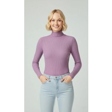 Silerra Kadın Tam Boğazlı Fitilli Likrali Kaşkorse Badi Ince Uzun Kollu Kazak - Mor