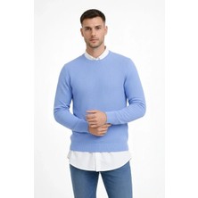 Silerra Erkek Bisiklet Yaka Petekli Dokulu Triko Kazak Pamuklu Ince Dokuma, Uzun Kollu Rahat Regular Kalıp - Mavi