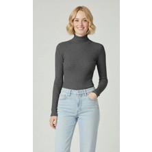 Silerra Kadın Tam Boğazlı Fitilli Likrali Kaşkorse Badi Ince Uzun Kollu Kazak - Antrasit